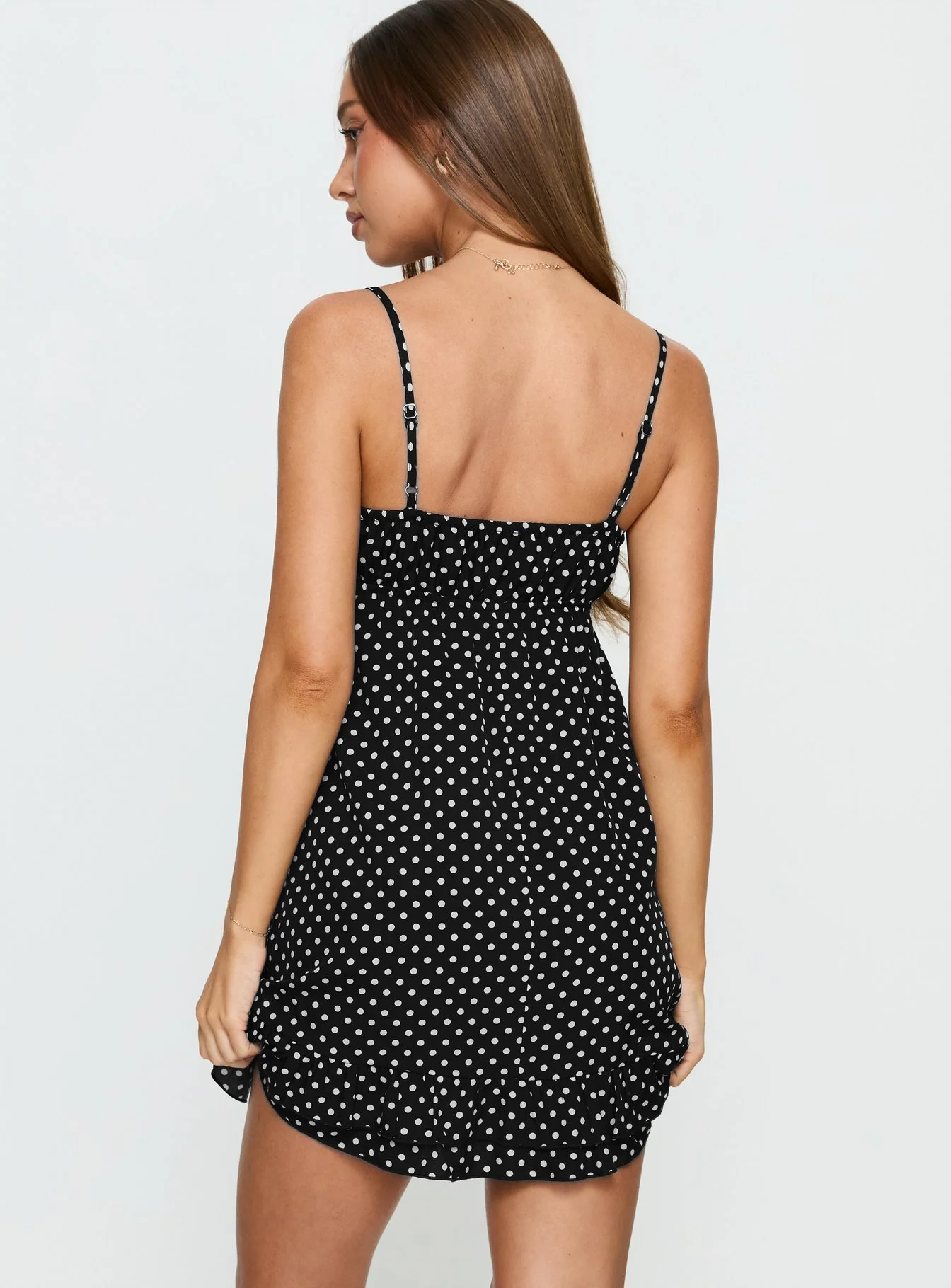 Casee V Neck Frill Mini Dress Black Polka Dot