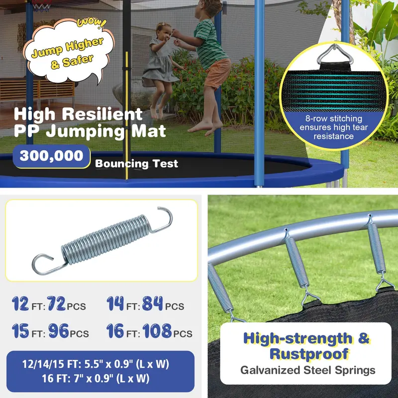 Trampolina z certyfikatem ASTM – modele o długości 3,6 m, 4,2 m lub 4,5 m z wbudowaną siatką zabezpieczającą i koszem do koszykówki.