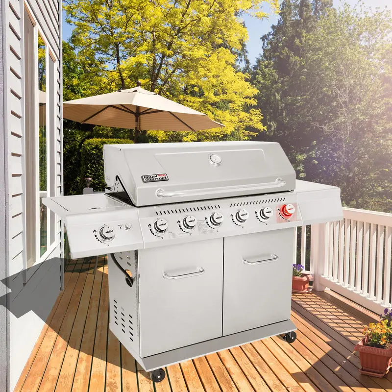 Wysokiej jakości grill gazowy propan-butan ze stali nierdzewnej z 6 palnikami – grill zewnętrzny o mocy 74 000 BTU z palnikiem i palnikami bocznymi