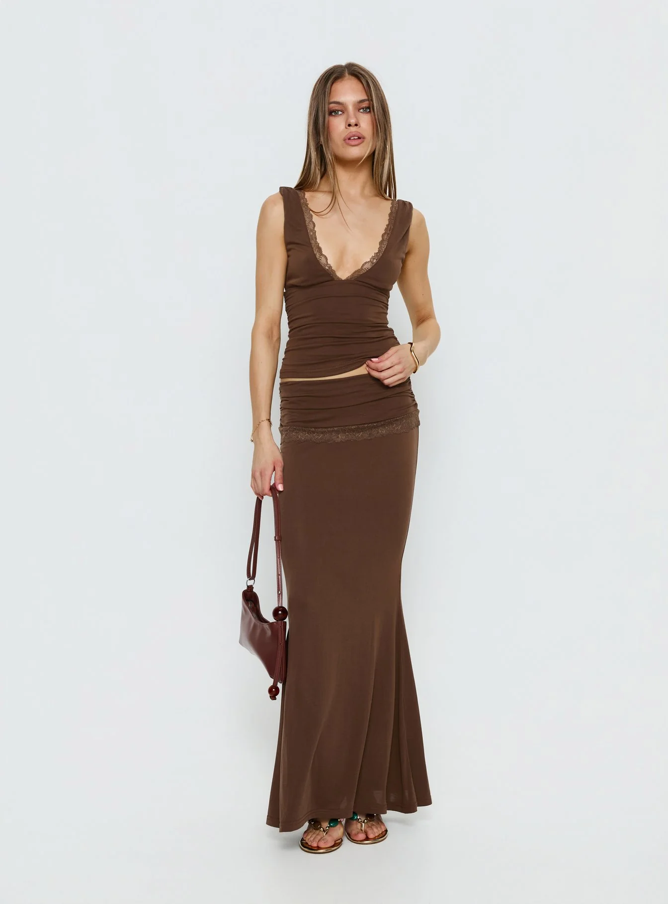Zespri Lace Jersey Top Brown
