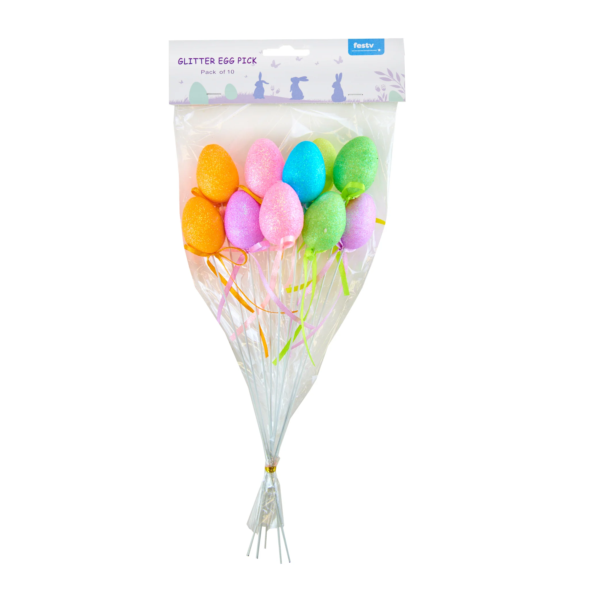 Easter Polystyrene Egg on Pick with Glitter 10pc- 26cm (Egg- 4cmx2.5cm)