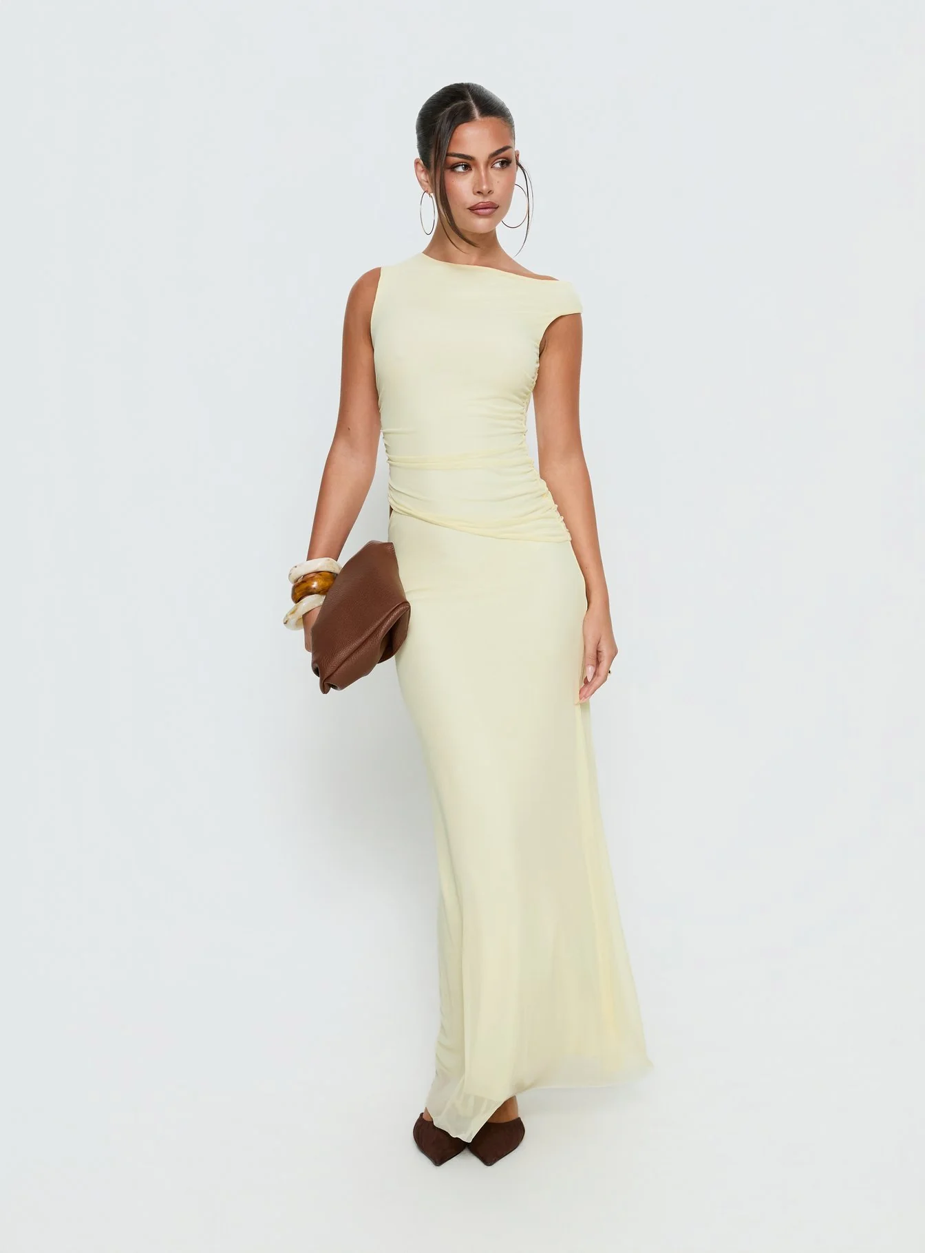 Krystyna Off Shoulder Ruched Mesh Maxi Dress Butter