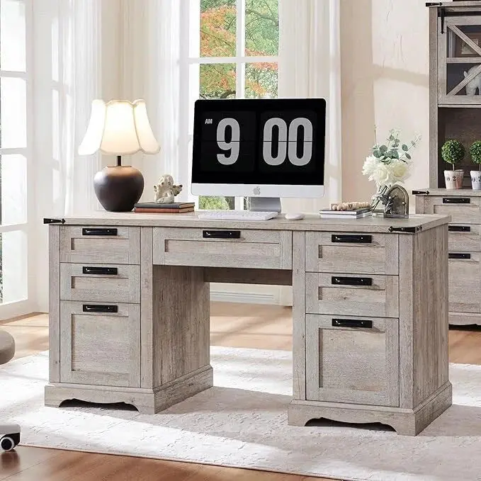 Biurko biurowe w stylu rustykalnym o szerokości 152 cm – solidne drewniane stanowisko komputerowe do domowego biura