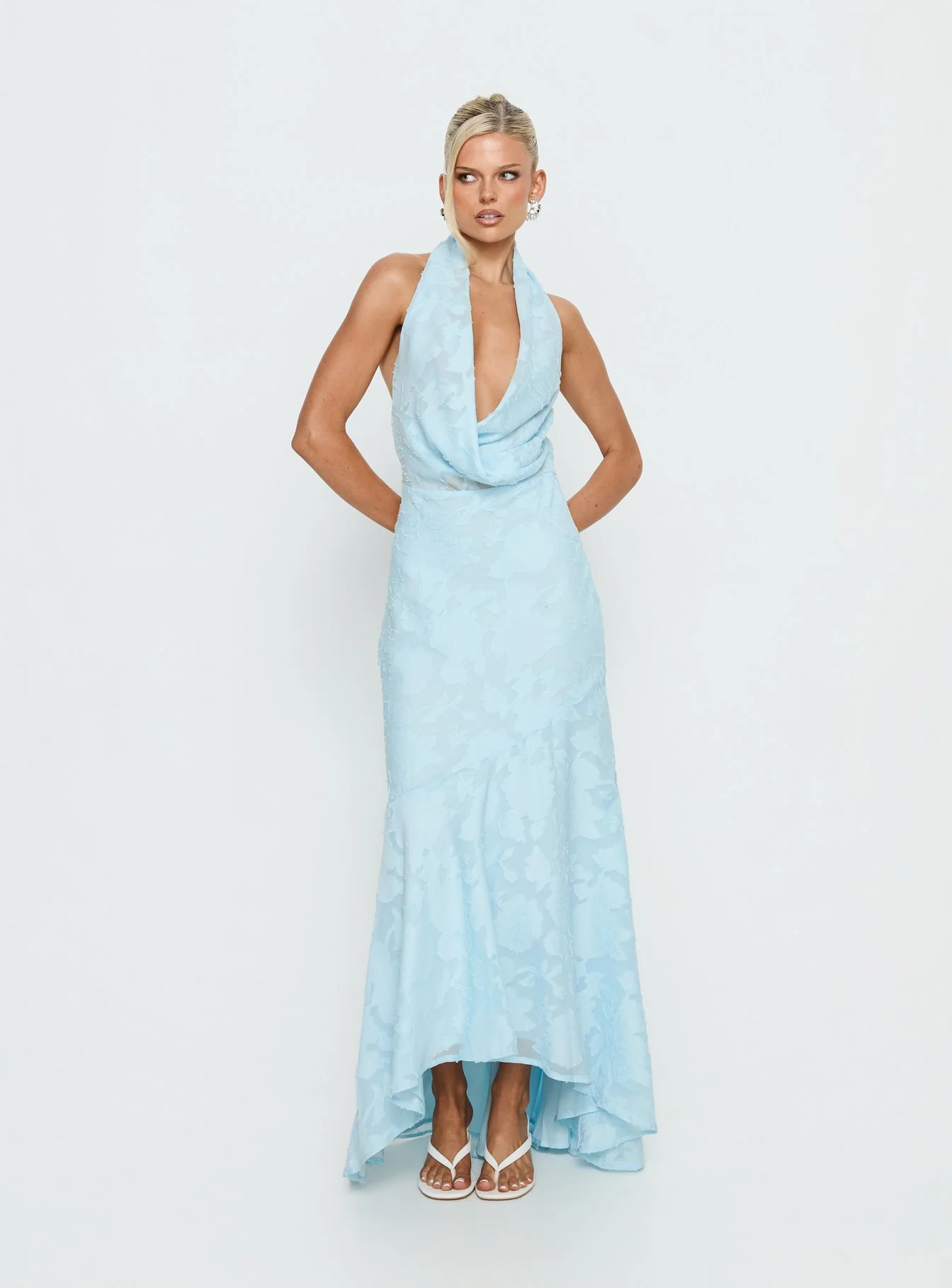 Invisible String Cowl Plunge Backless Maxi Dress Light Blue
