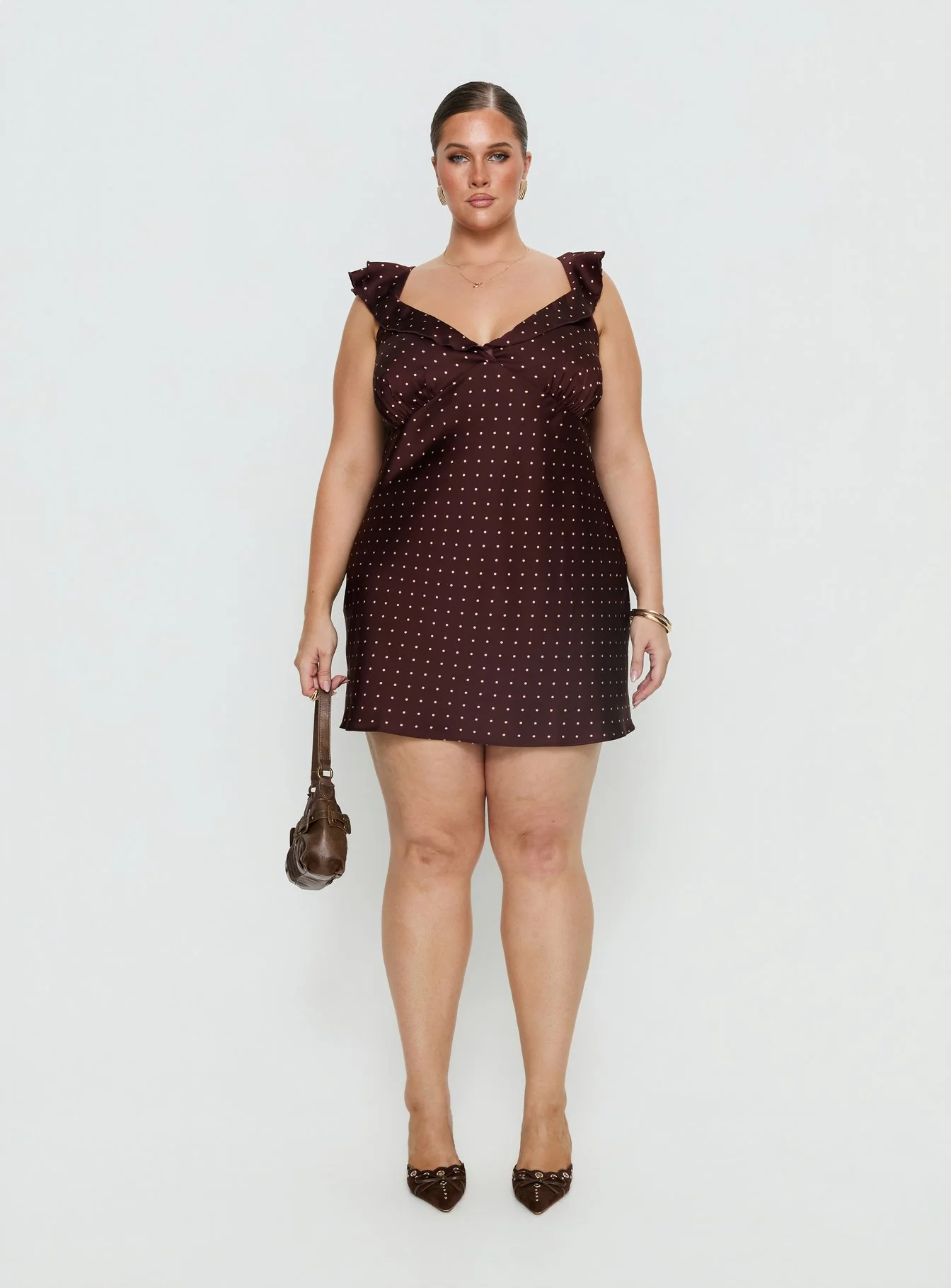 Kamillah Frill Mini Dress Burgundy Polka Dot Curve