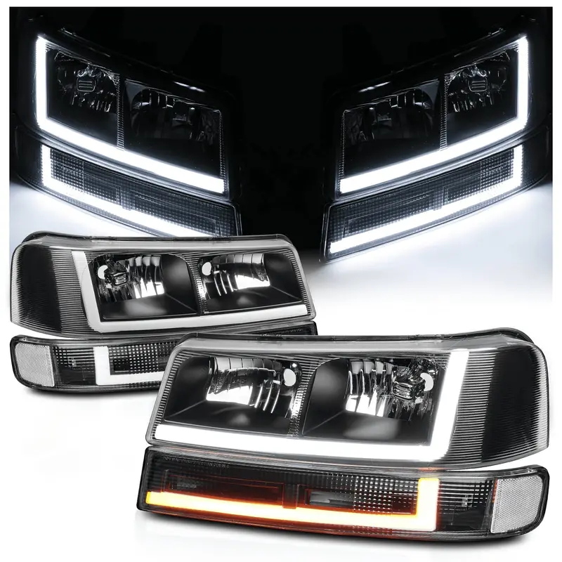 Zestaw 4 pasów świateł do jazdy dziennej LED (lewy i prawy) z czarnymi reflektorami i kierunkowskazami w zderzaku – bezpośrednia wymiana i modernizacja dla vanów Chevrolet Express z lat 2003–2023