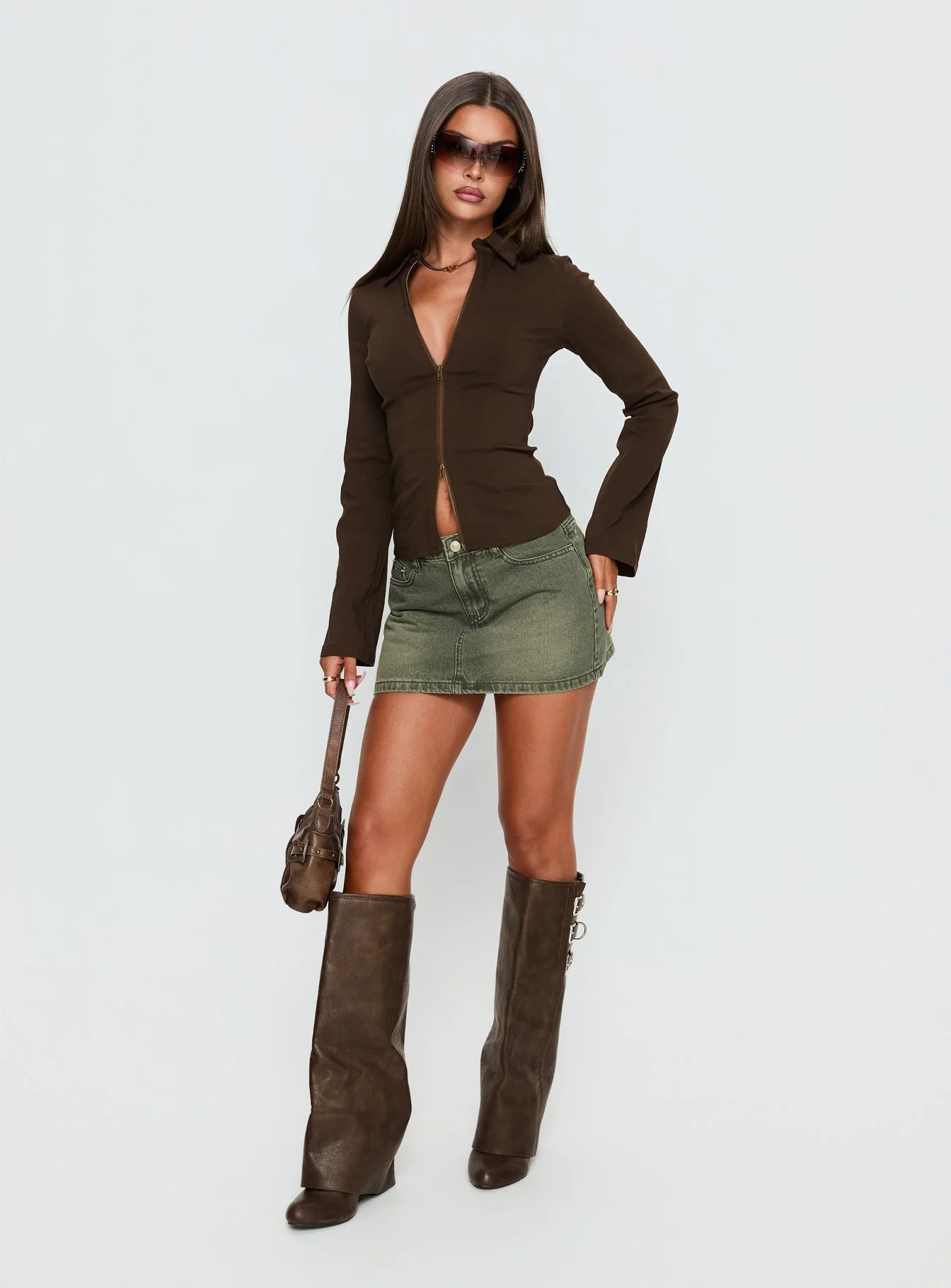 Aviela Zip Up Long Sleeve Top Brown