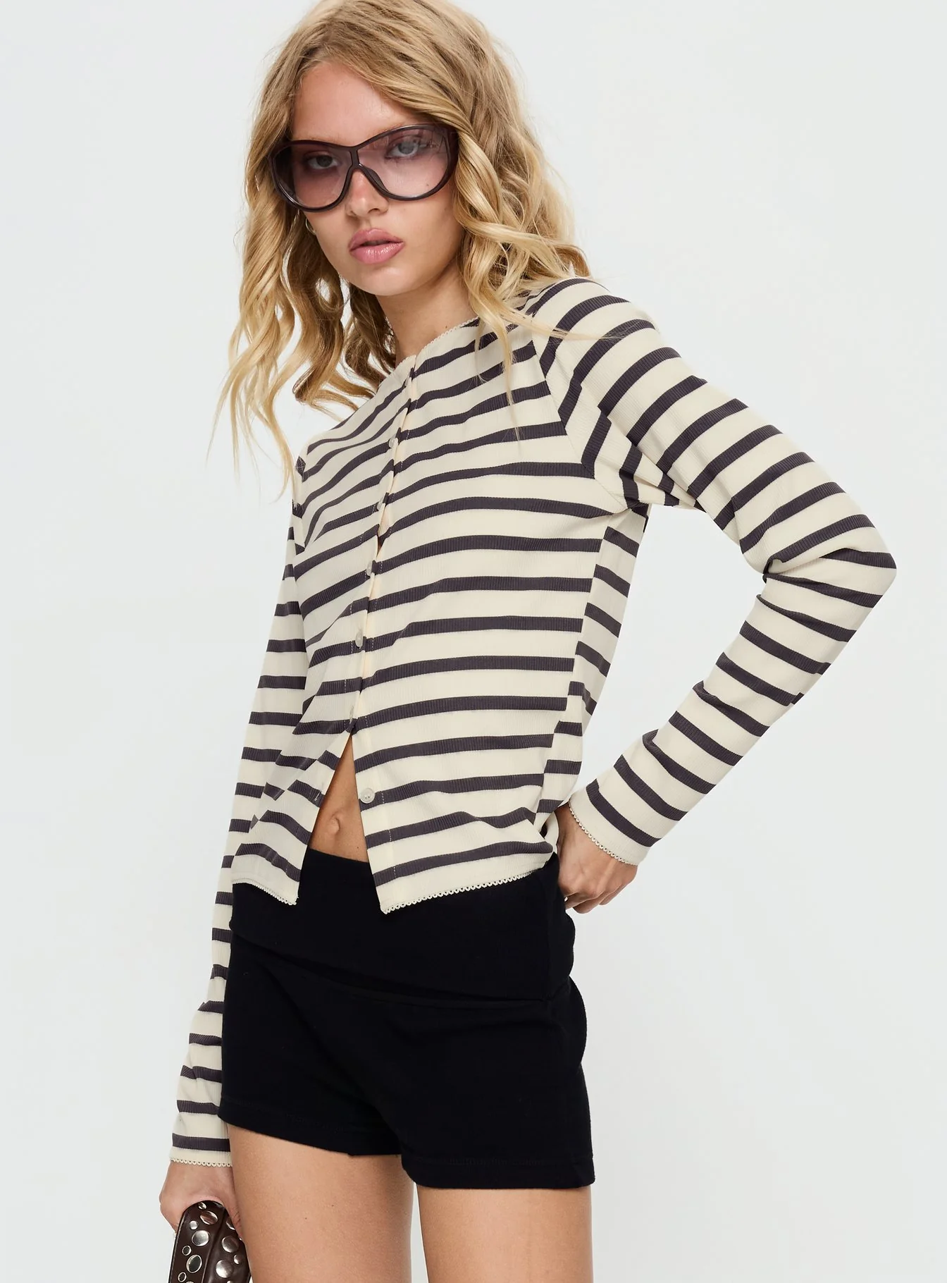 Marvella Button Up Long sleeve Top Dark Grey / Cream Stripe