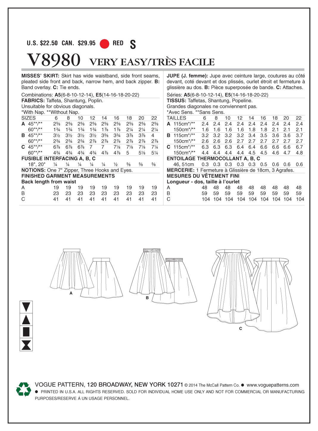 Vogue Pattern V8980 Misses' Skirt