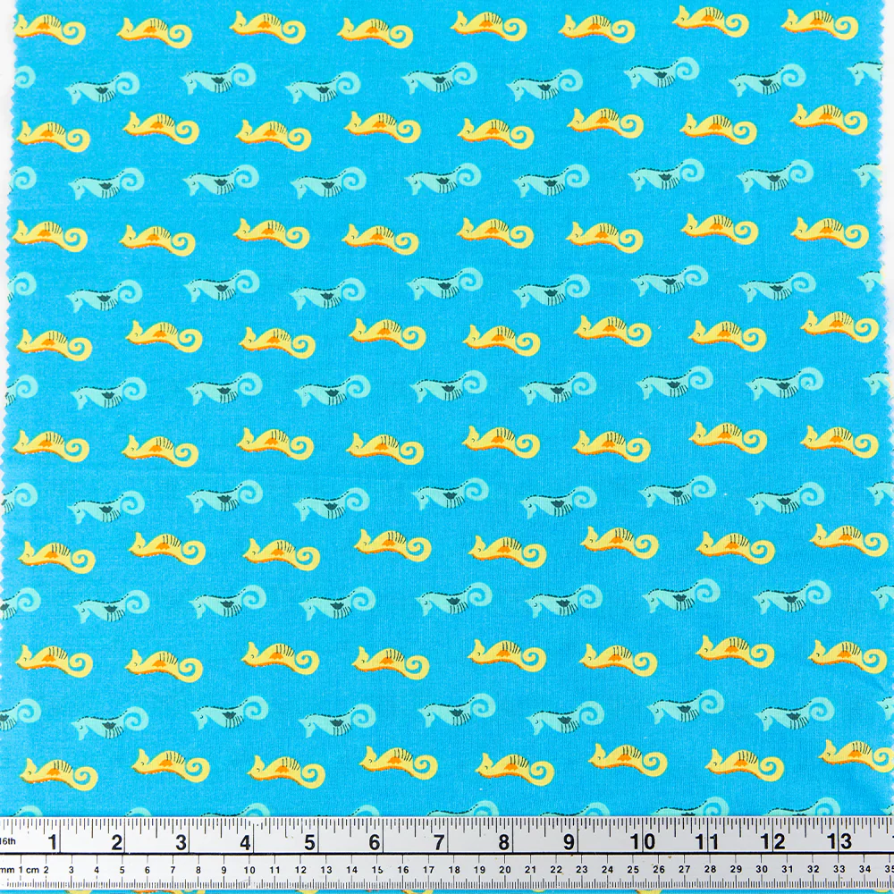Print Craft & Quilting Fabric, Yellow And Blue Seahorses- Width 110cm