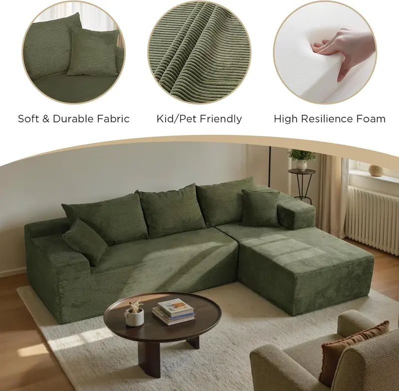 Modułowa sofa narożna w kształcie litery L: nowoczesna sofa wypoczynkowa z głębokim siedziskiem i współczesnym wzornictwem.