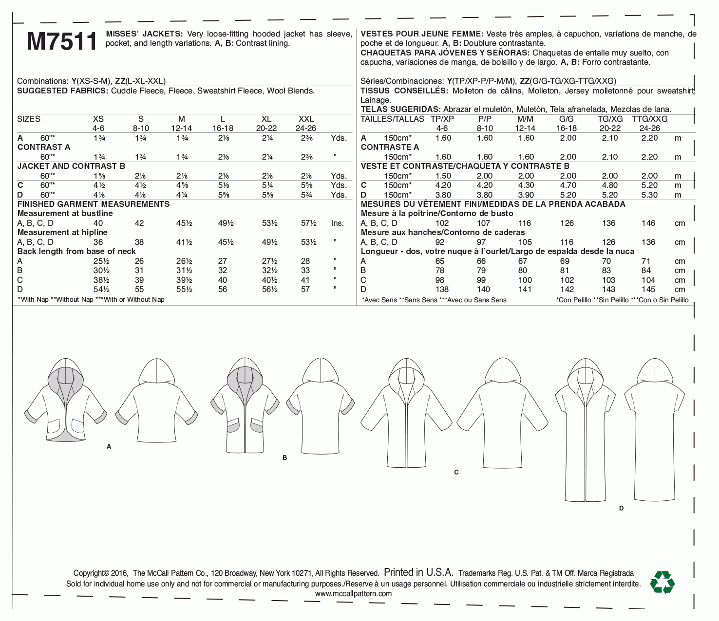 McCall's Pattern M7511 Misses' Open-Front Jackets with Shawl Collar and Hood