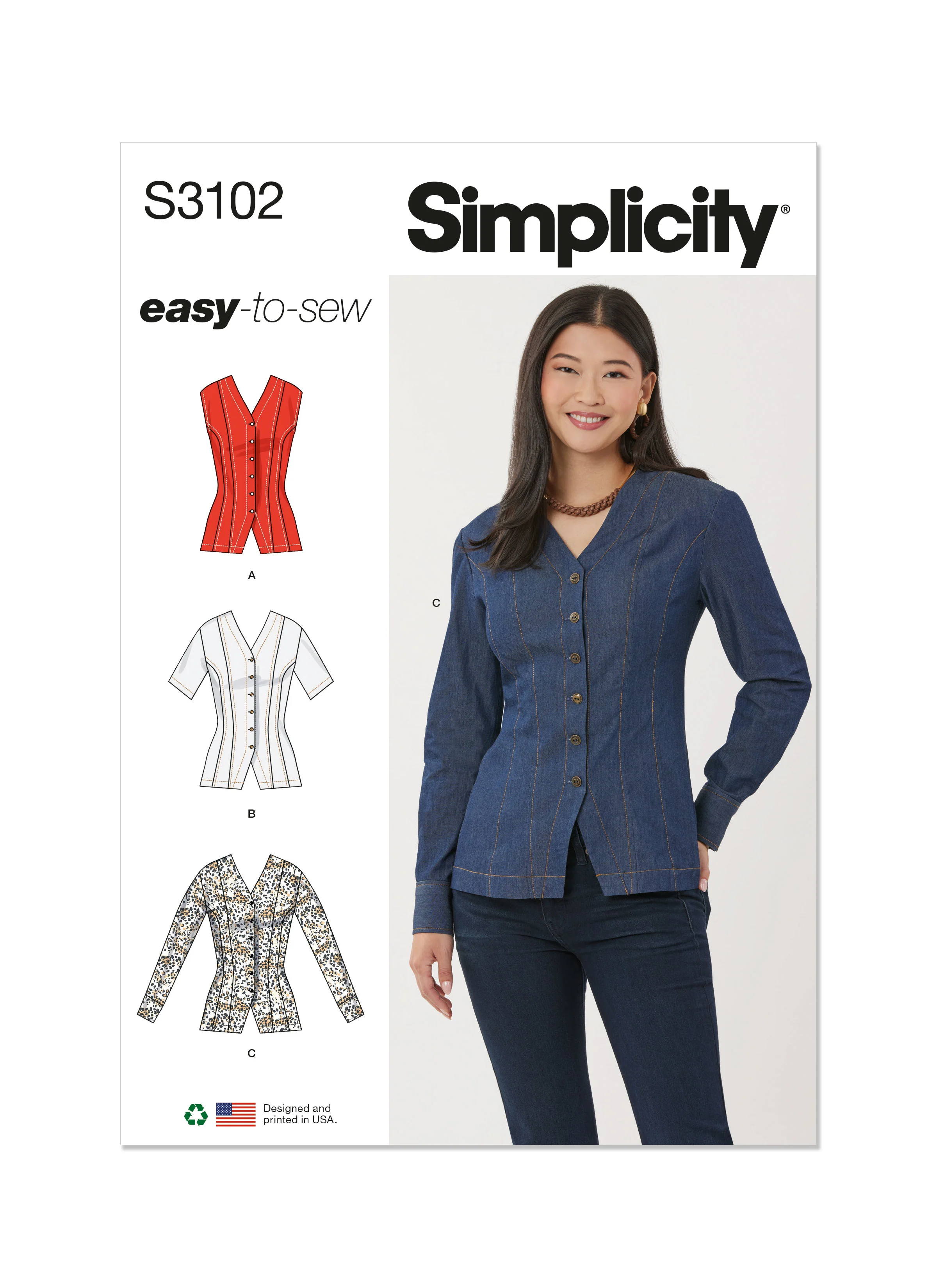 Simplicity Pattern S3102 Misses' Shirt with Sleeve Variations