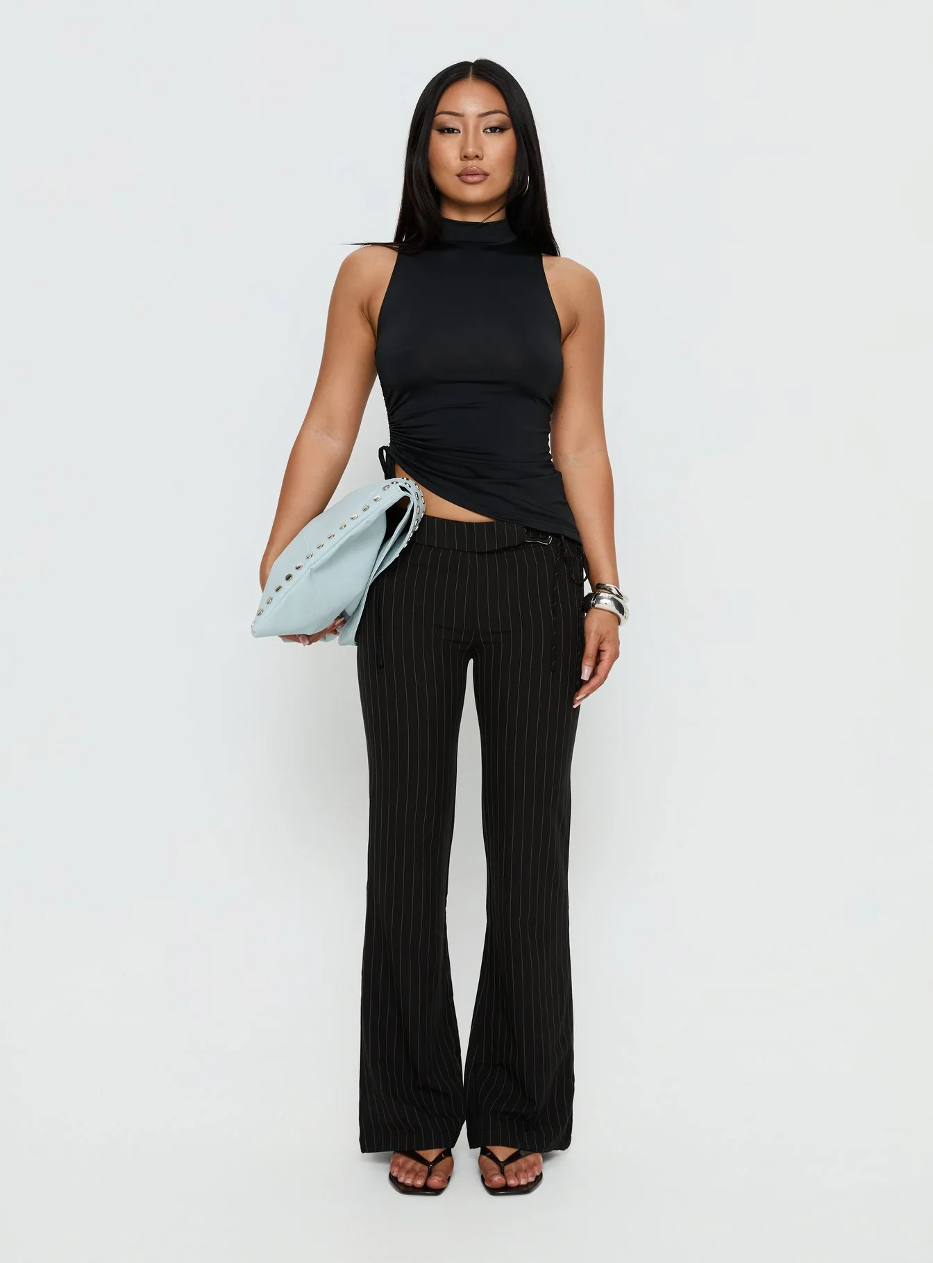 Louder Please Tie Side Straight Leg Pants Black Pinstripe