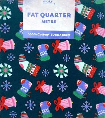 Christmas Print Cotton Fat Quarters, Green Socks & Bells - 50cmx55cm