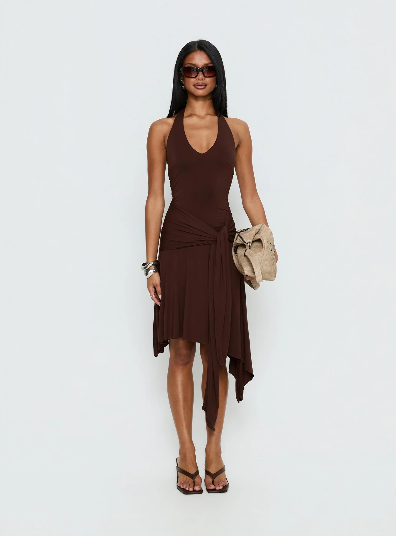 Moonlit Honey Asymmetrical Halter Jersey Midi Dress Chocolate