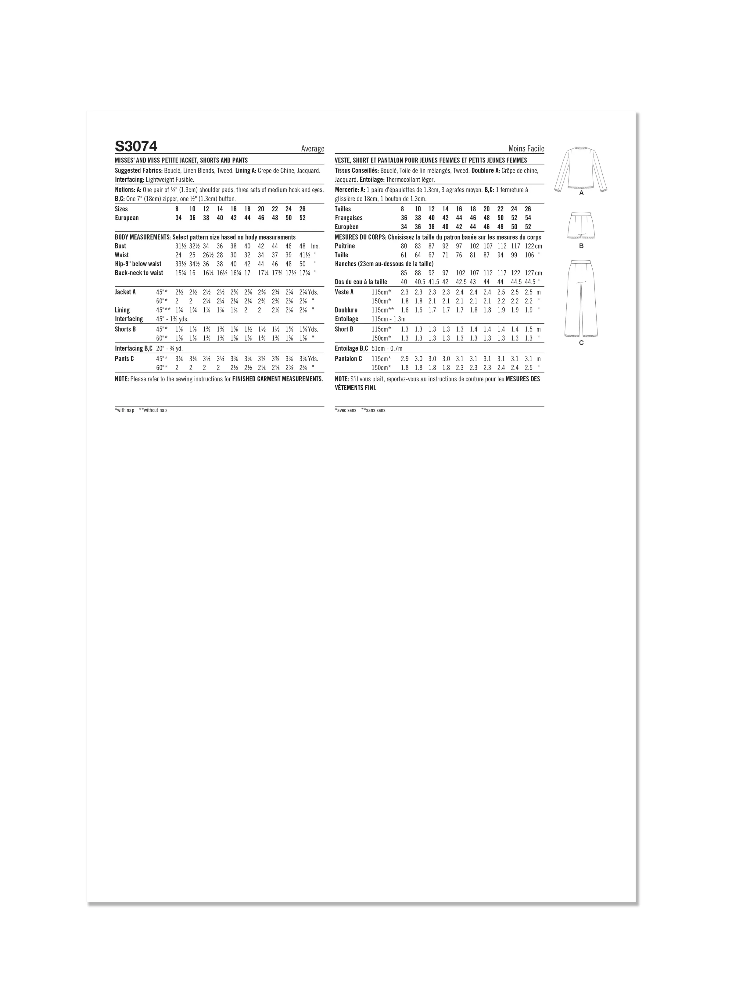 Simplicity Pattern S3074 Misses' and Miss Petite Jacket, Shorts and Pants