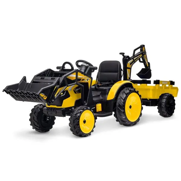 Ciągnik pedałowy 3 w 1 24 V – tryby koparki i spychacza, zdalne sterowanie, oświetlenie LED, USB/Bluetooth (żółty)
