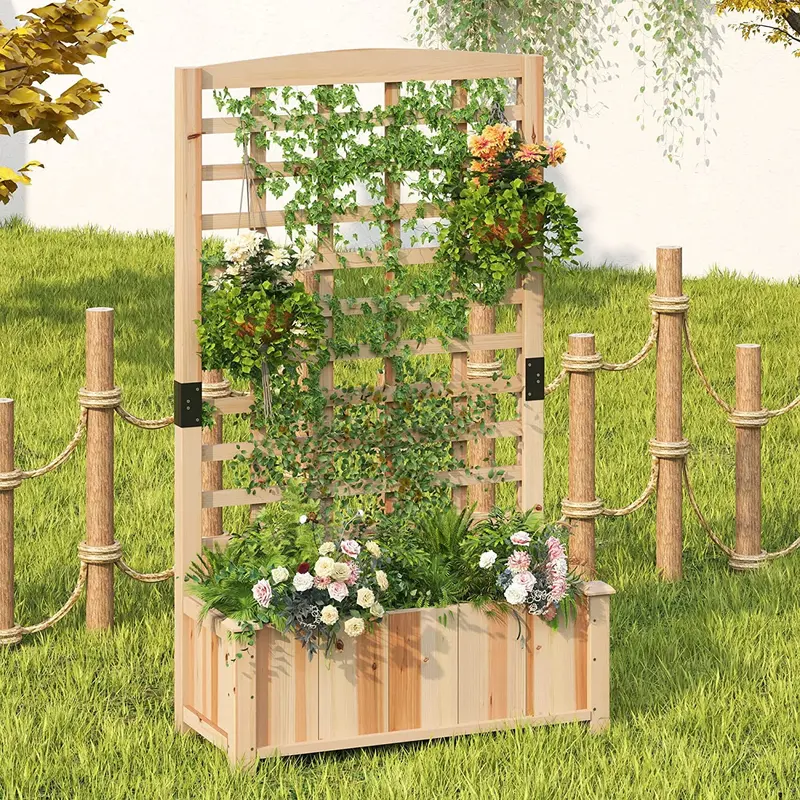 SogesPower Podwyższona donica z kratką, drewniana podwyższona donica z kratką, wolnostojąca donica o wysokości 152 cm na rośliny pnące