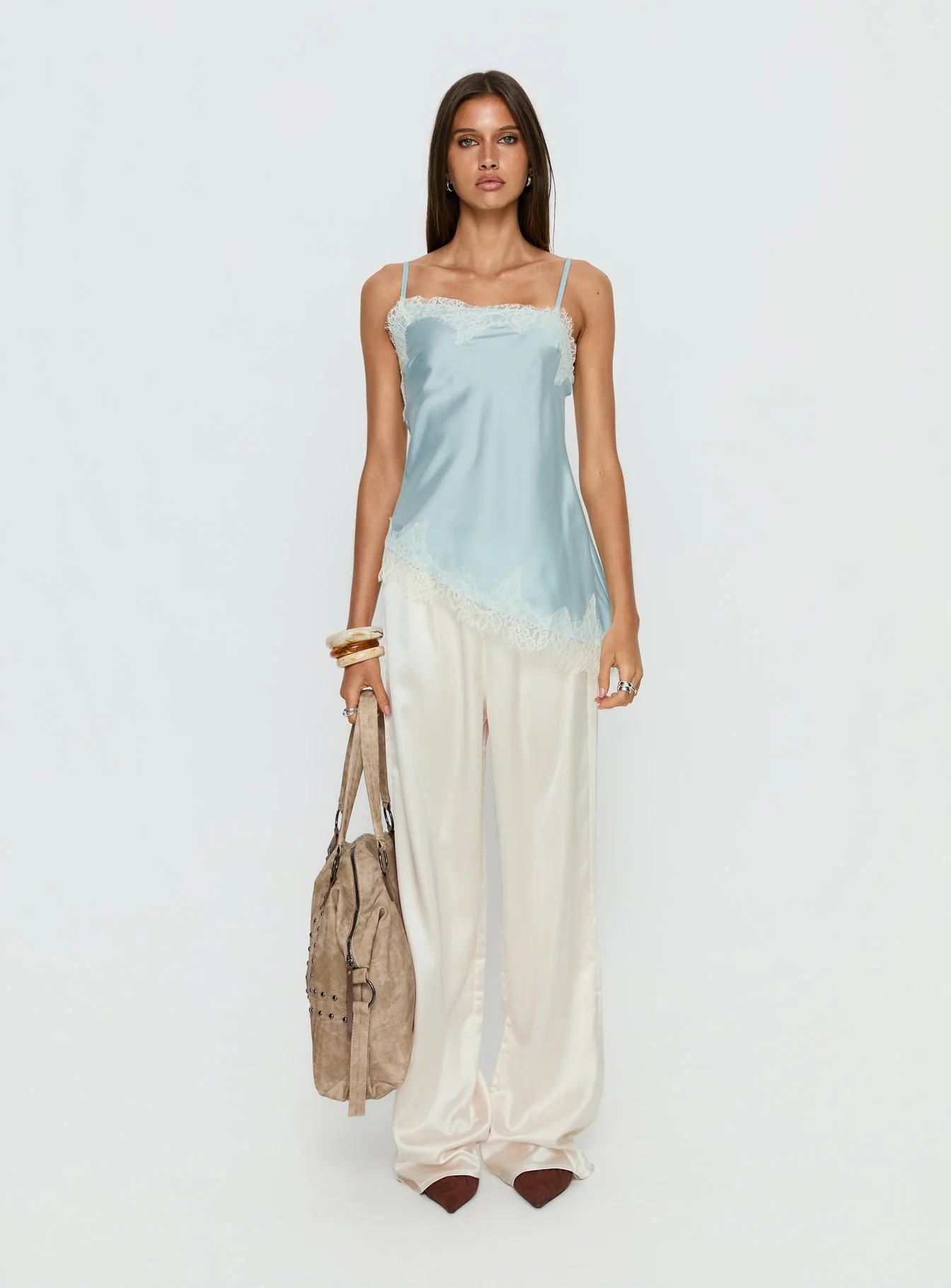 Winta Lace Trim Asymmetrical Satin Top Blue