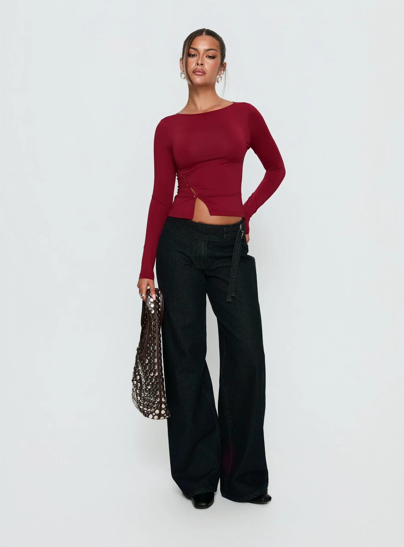 Crowded Room Button Up Long Sleeve Top Wine