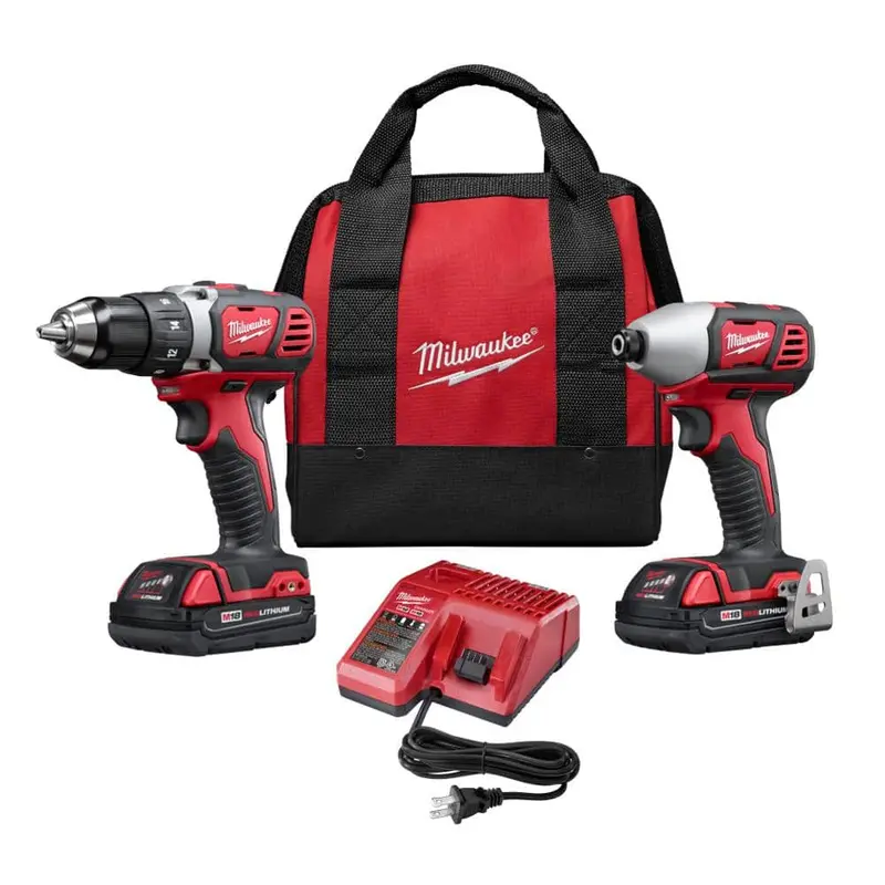 Zestaw wiertarko-wkrętarki udarowej i akumulatorowej litowo-jonowej Milwaukee M18 18 V (2 narzędzia) z dwoma akumulatorami 1,5 Ah, ładowarką i torbą narzędziową 2691-22