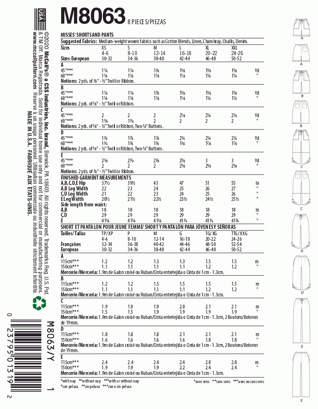 McCall's Pattern M8063 Misses' Drawstring Shorts and Pants with Pockets