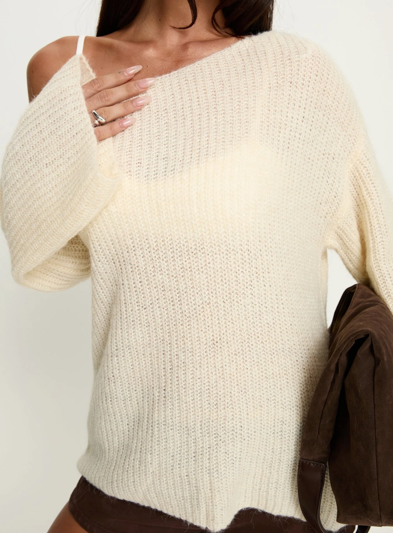 Delyn Off Shoulder Slouchy Knit Sweater Cream