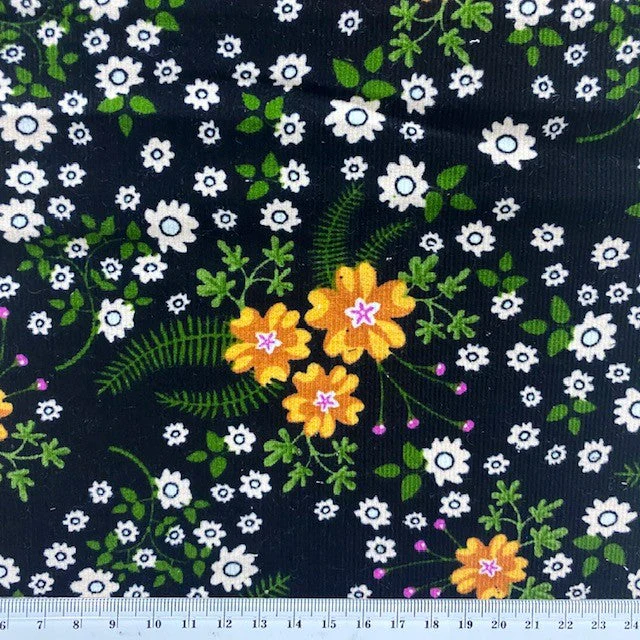 Printed Corduroy Fabric, Gold Floral- Width 114cm