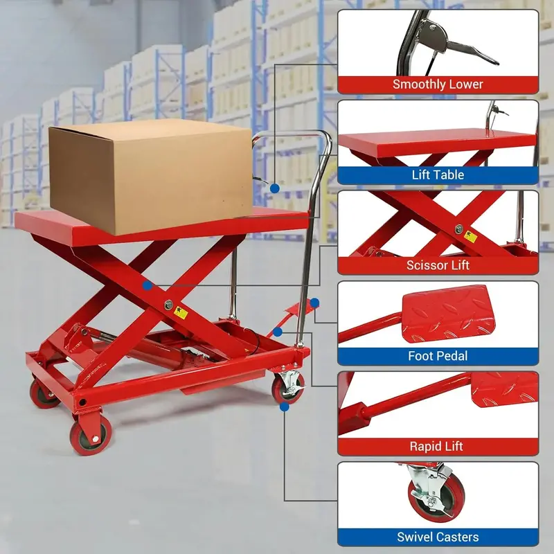 Wózek widłowy hydrauliczny o udźwigu 300 kg – wysokość maksymalna 79 cm, podwójny mechanizm nożycowy, 4 koła skrętne i powierzchnia antypoślizgowa.