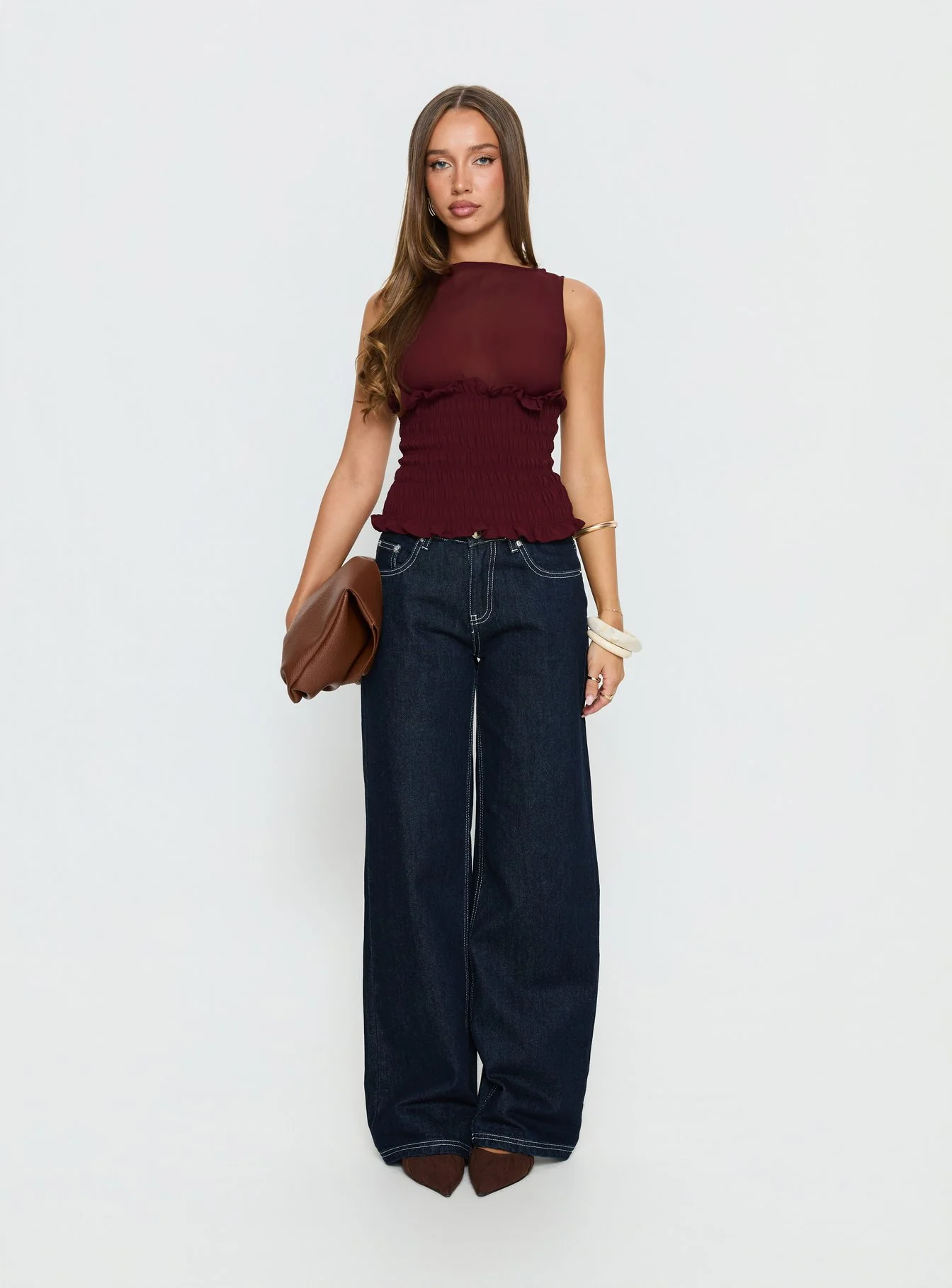 Fever Kiss Chiffon Ruched Top Wine