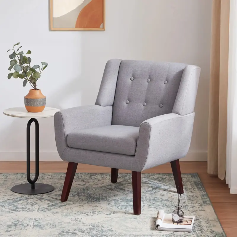 Fotel akcentowy Huimo w stylu Mid-Century Modern – beżowy tapicerowany fotel do czytania z ozdobnymi guzikami do salonu lub sypialni