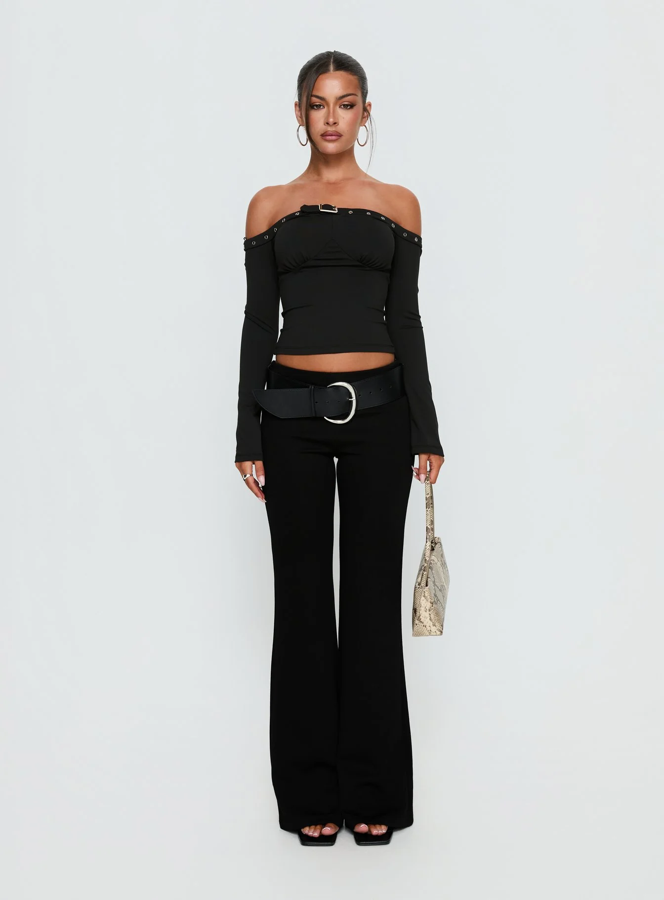 Mansa Off Shoulder Buckle Detail Top Black