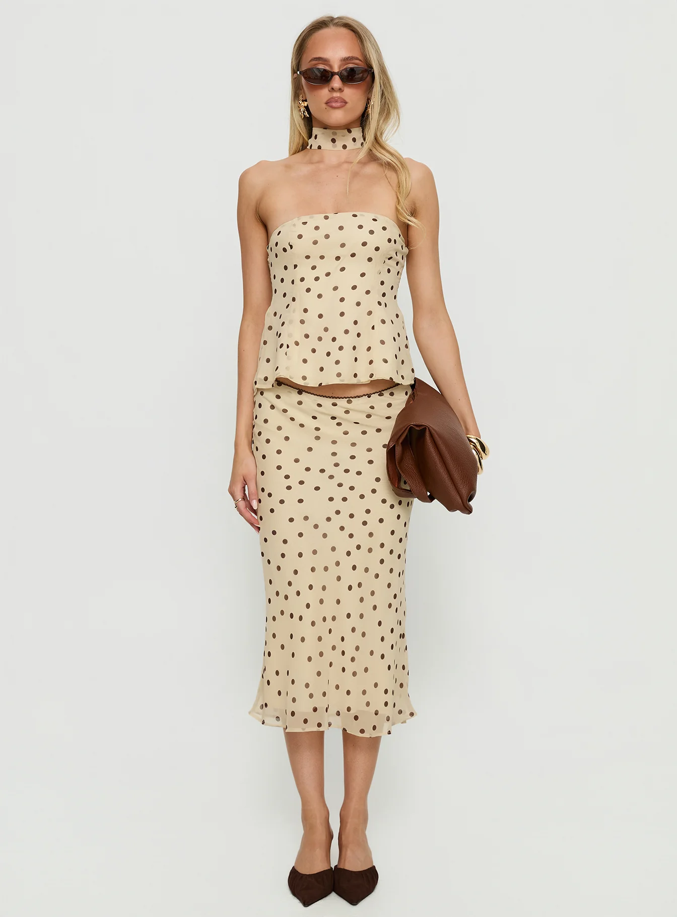 Sydni scarf detail strapless top Yellow / Chocolate Polka Dot