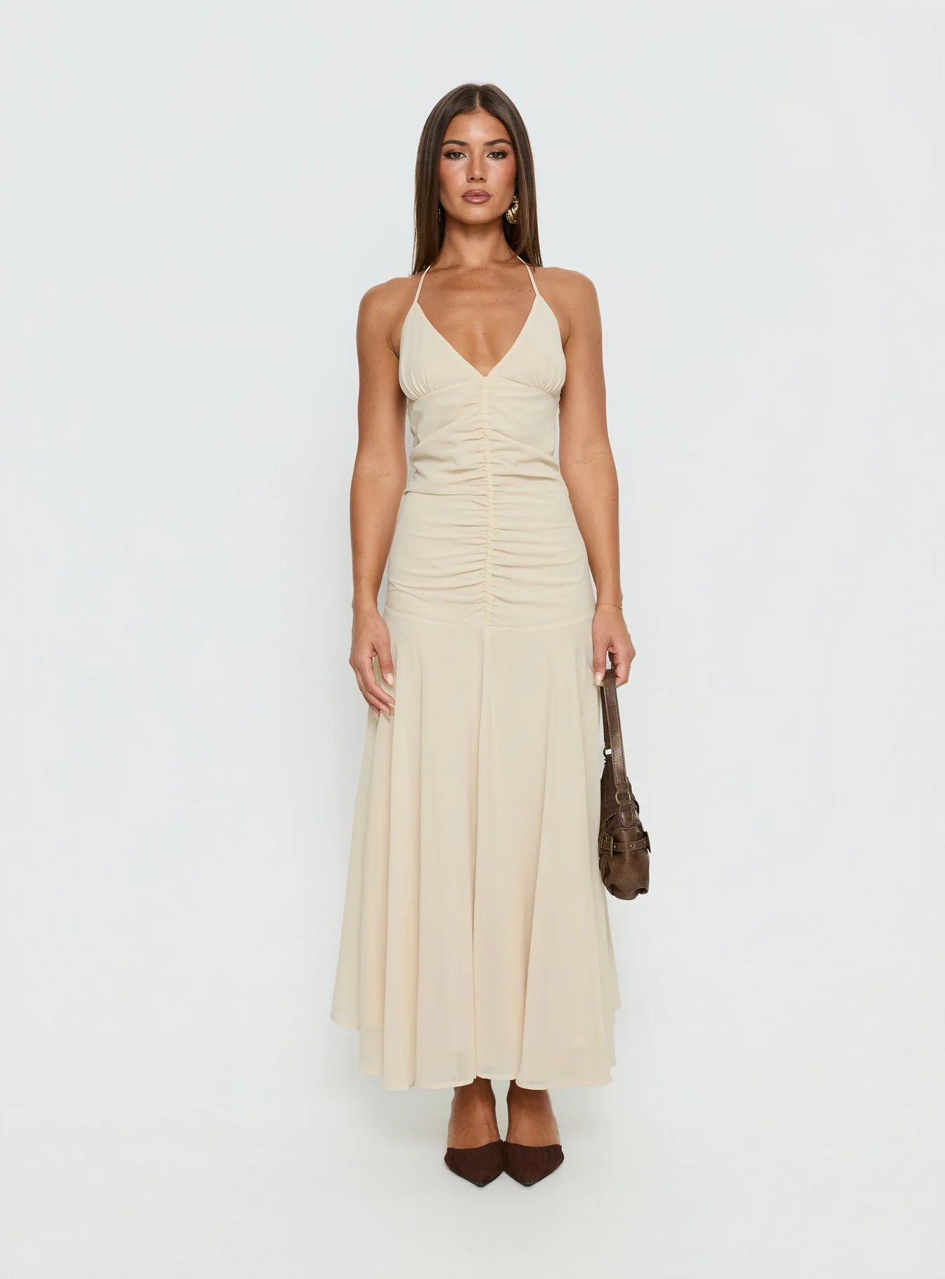 Carlisla Ruched Halter Maxi Dress Yellow
