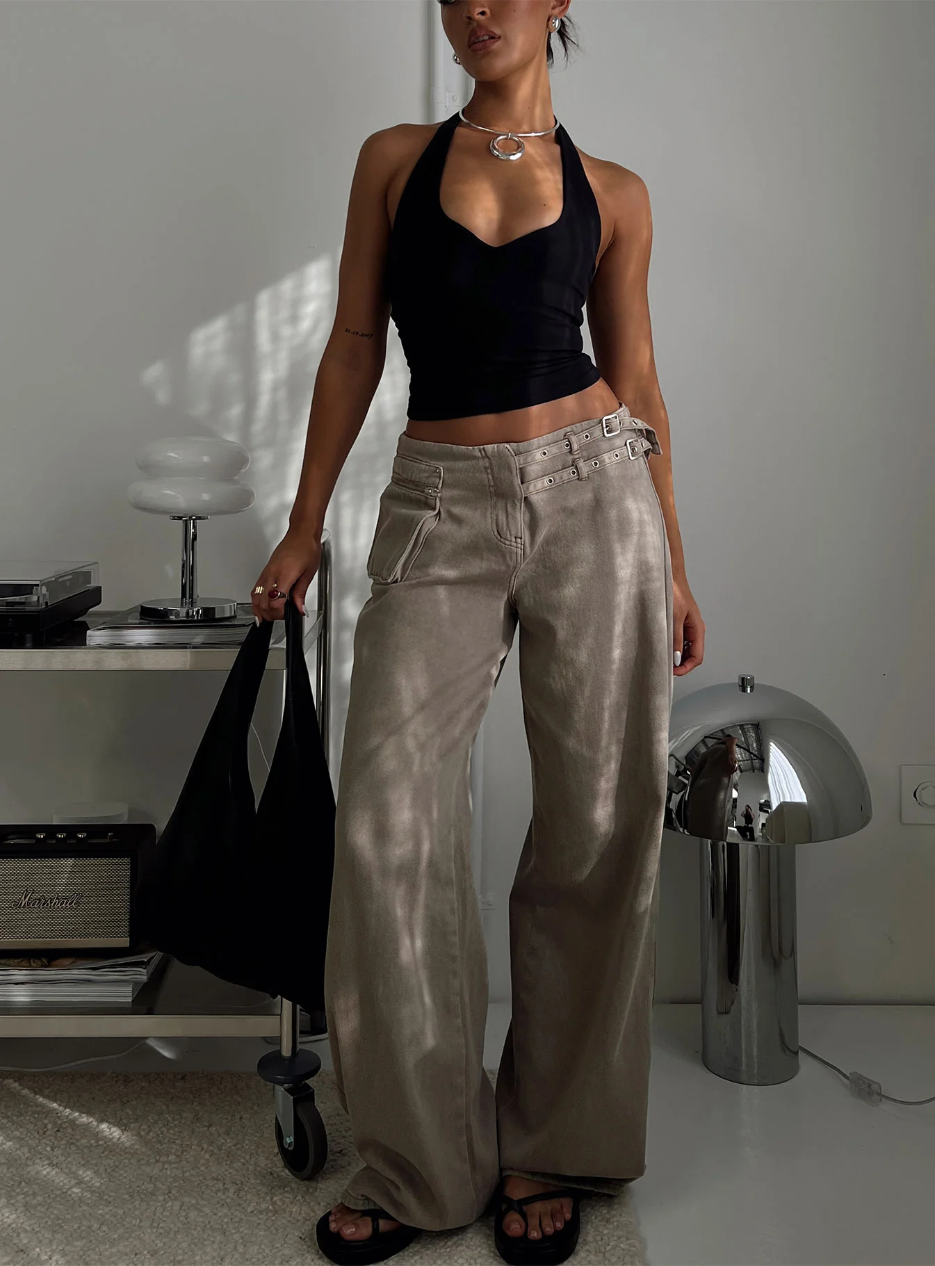 Paltrow Mid Rise Wide Leg Cargo Jeans Washed Brown
