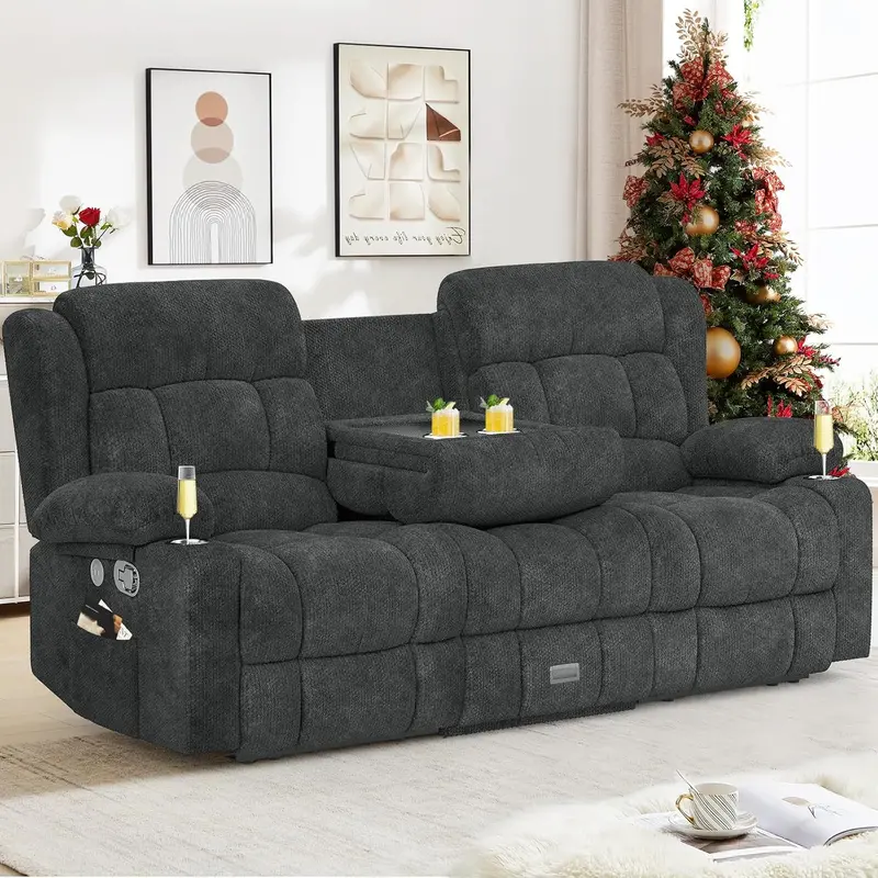 Ręcznie regulowana sofa 3-osobowa z szufladą do przechowywania, gniazdami ładowania USB i uchwytami na kubki.