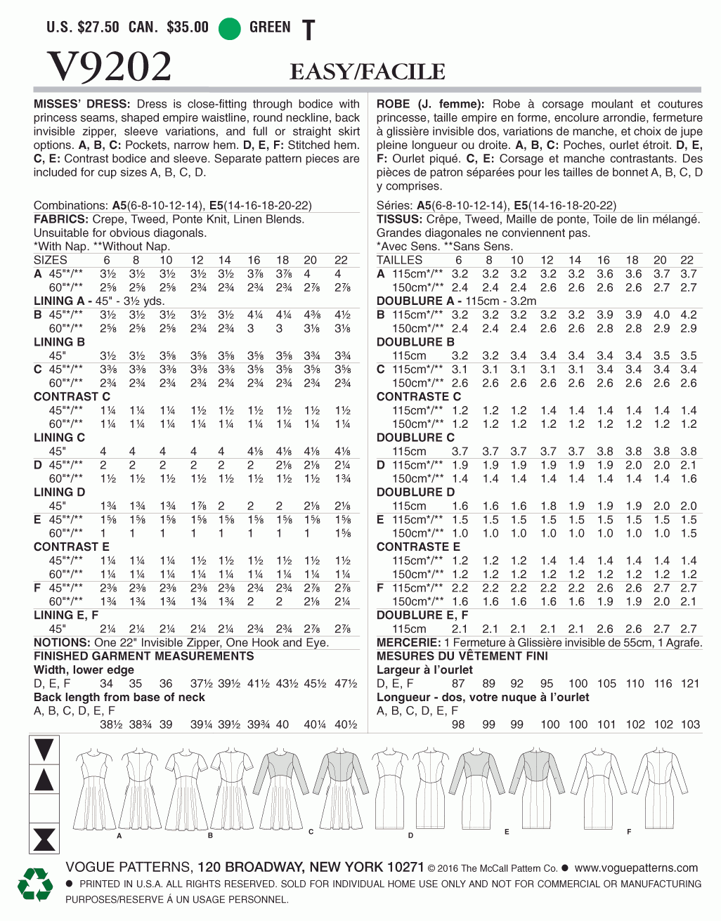 Vogue Pattern V9202 Misses' Dresses with Flared or Straight Skirt Options
