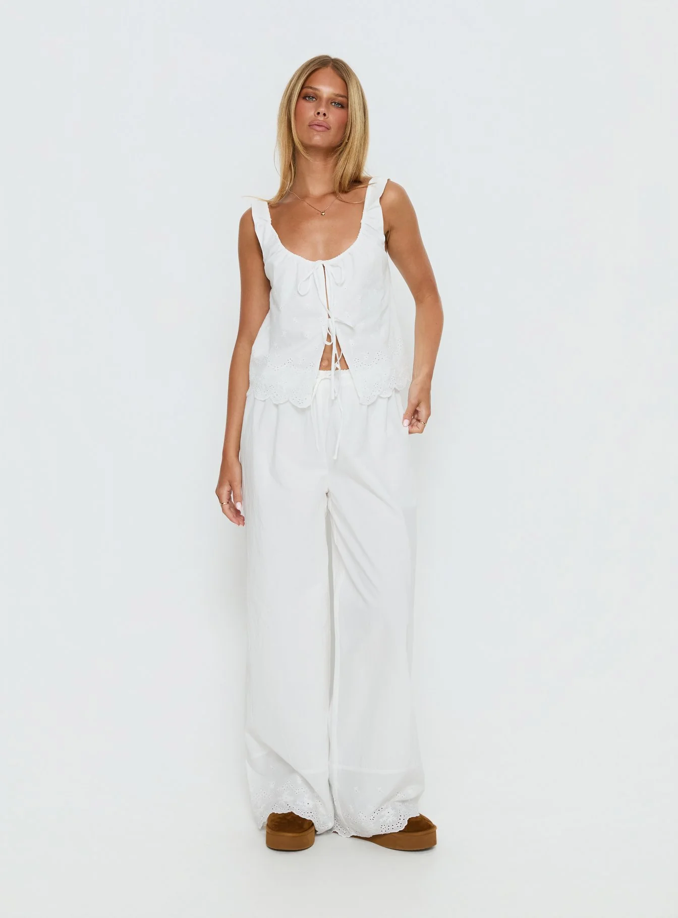 Kissed Chaos Broderie Anglais Tie Waist Pants White