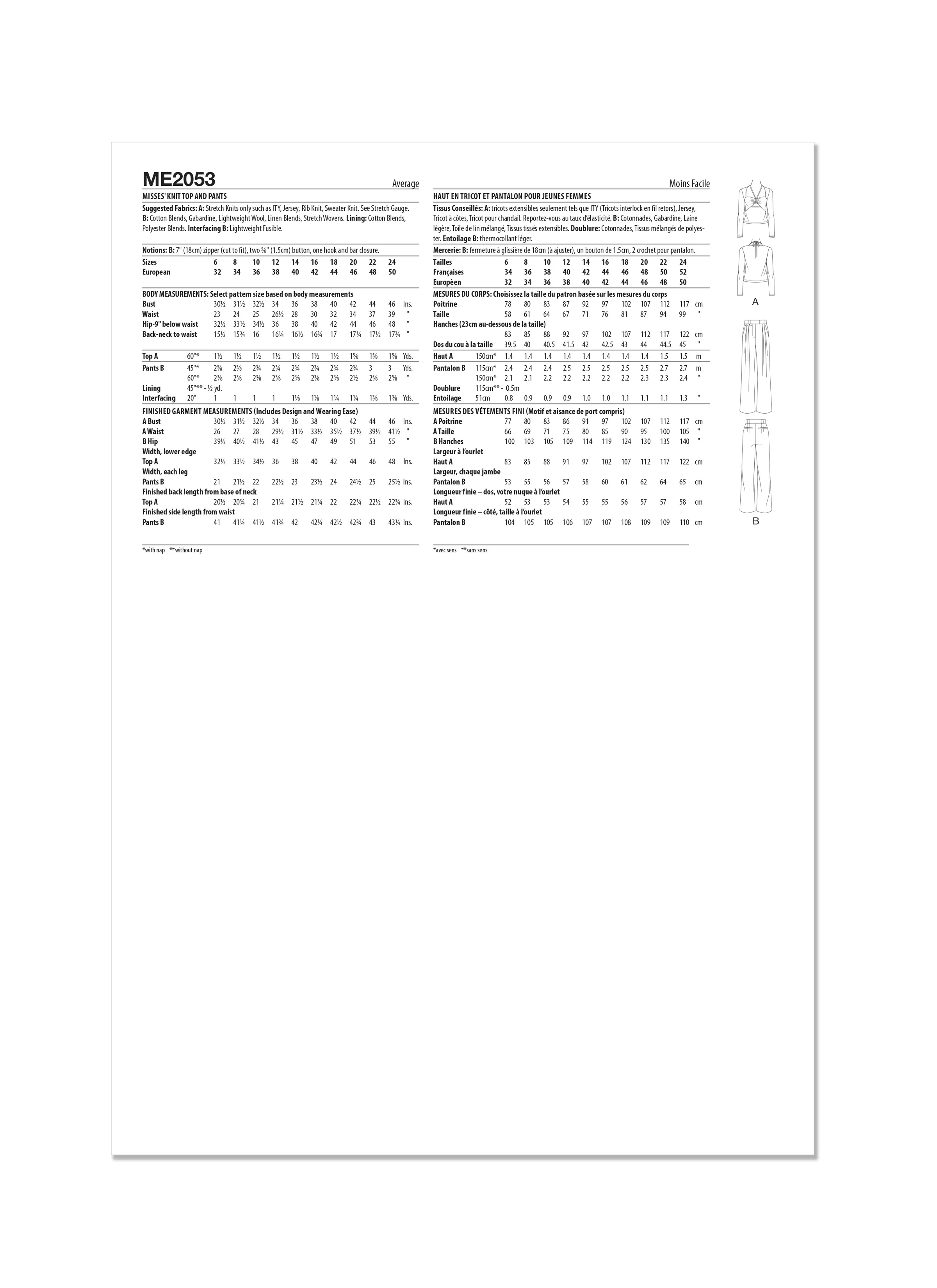 KnowMe Pattern Me2053 Misses' Pants and Knit Top