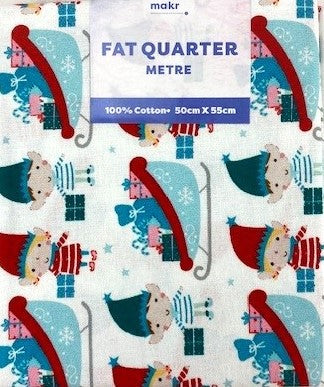 Christmas Print Cotton Fat Quarters, White Elves & Sleighs - 50cmx55cm