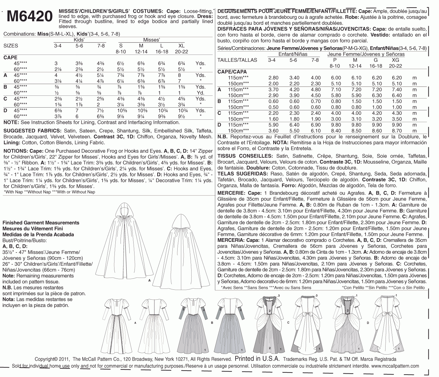 McCall's Pattern M6420 Misses'/Children's/Girls' Costumes