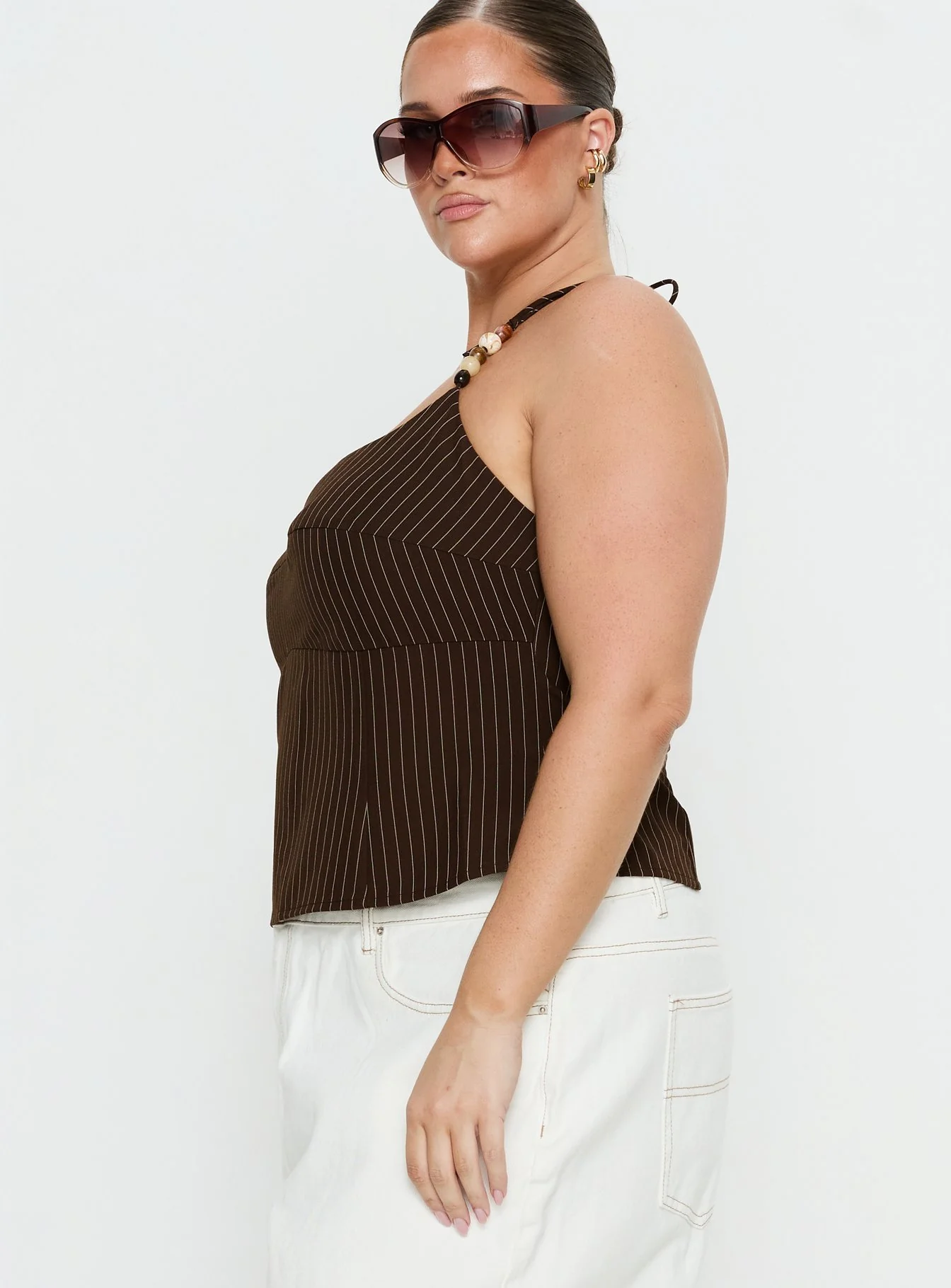 Cherise Bead Detail Top Brown Pinstripe Curve