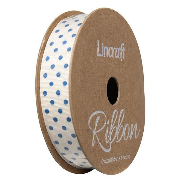 Cotton Ribbon, Dots Blue Bottle- 15mm x 3m