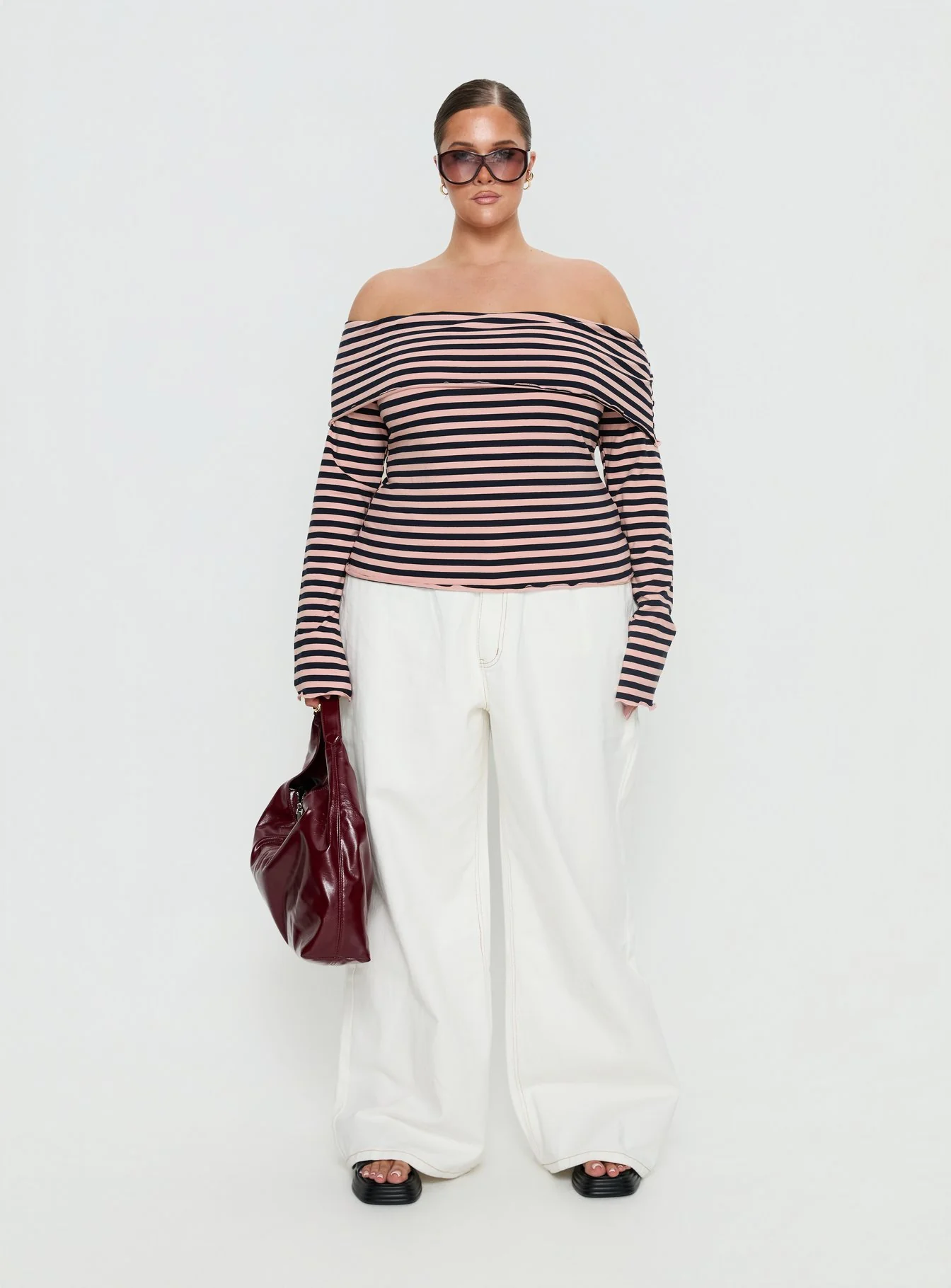 Janicia Off Shoulder Top Pink Stripe Curve