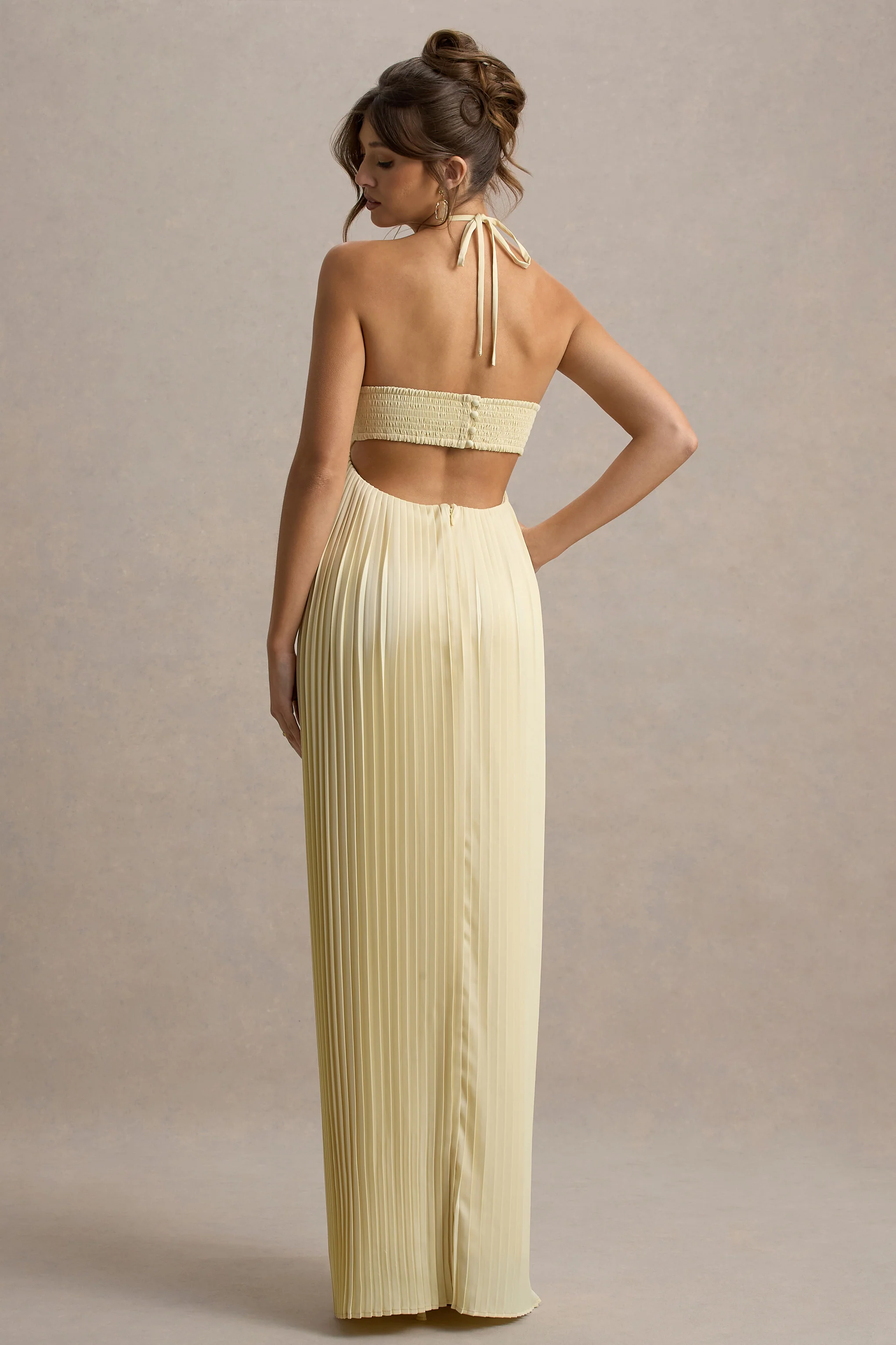 Elayne | Pale Lemon Halter-Neck Maxi Dress With Cut-Out Detail