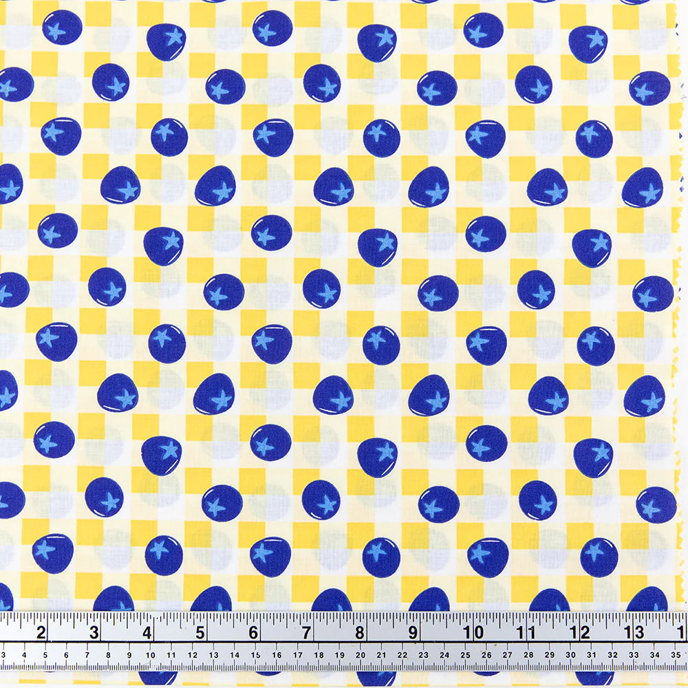 Print Craft & Quilting Fabric, Blueberries On Yellow Gingham- Width 110cm