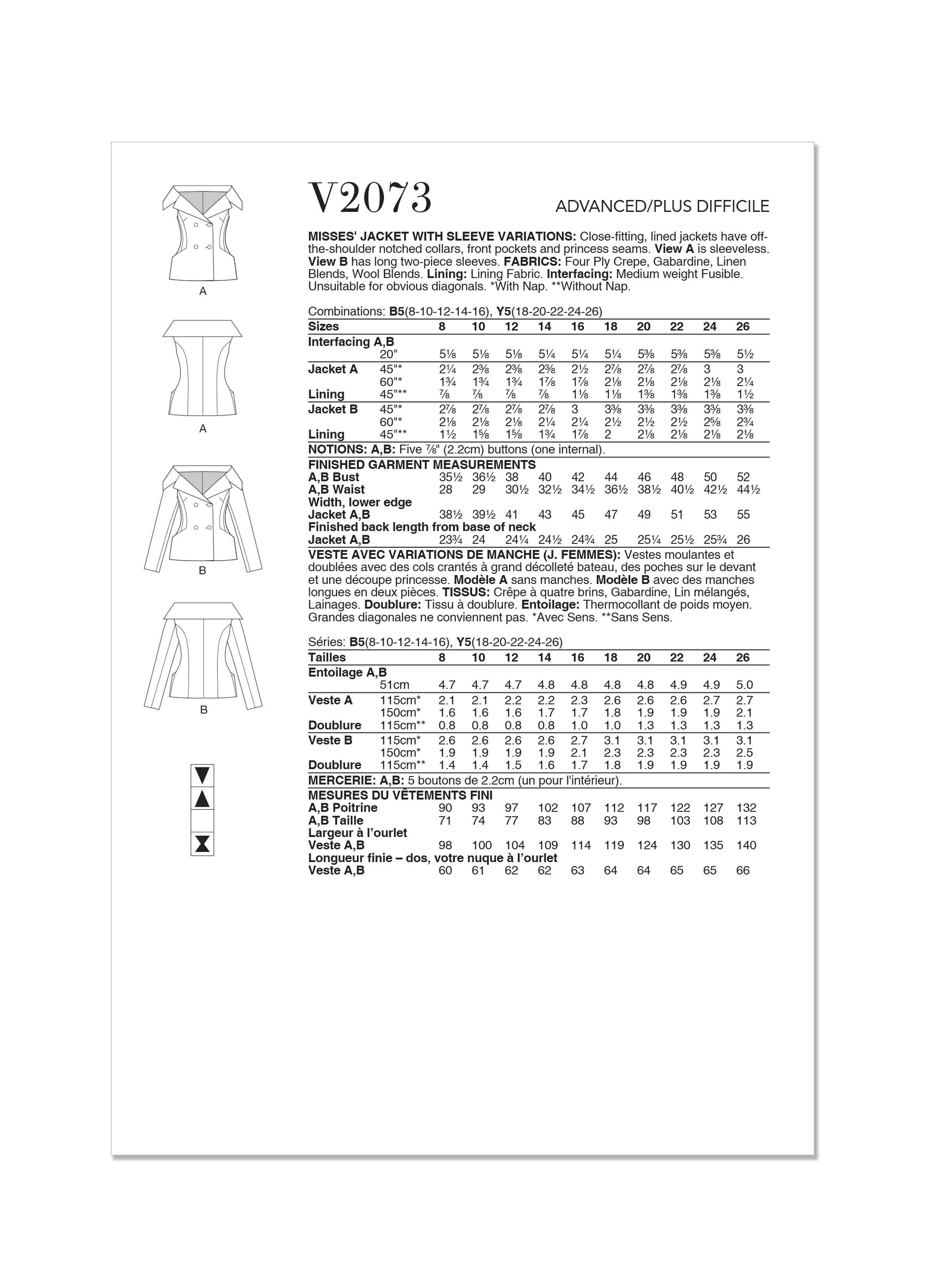Vogue Pattern V2073 Misses' Jacket