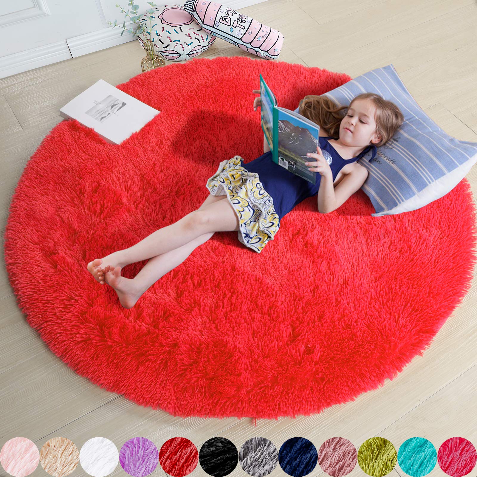 Red Circle Round Rug 7Ft for Living Room Bedroom, Large Fluffy Shag Area Rugs for Kids Room Decor Aesthetic, Fuzzy Plush Fur Car