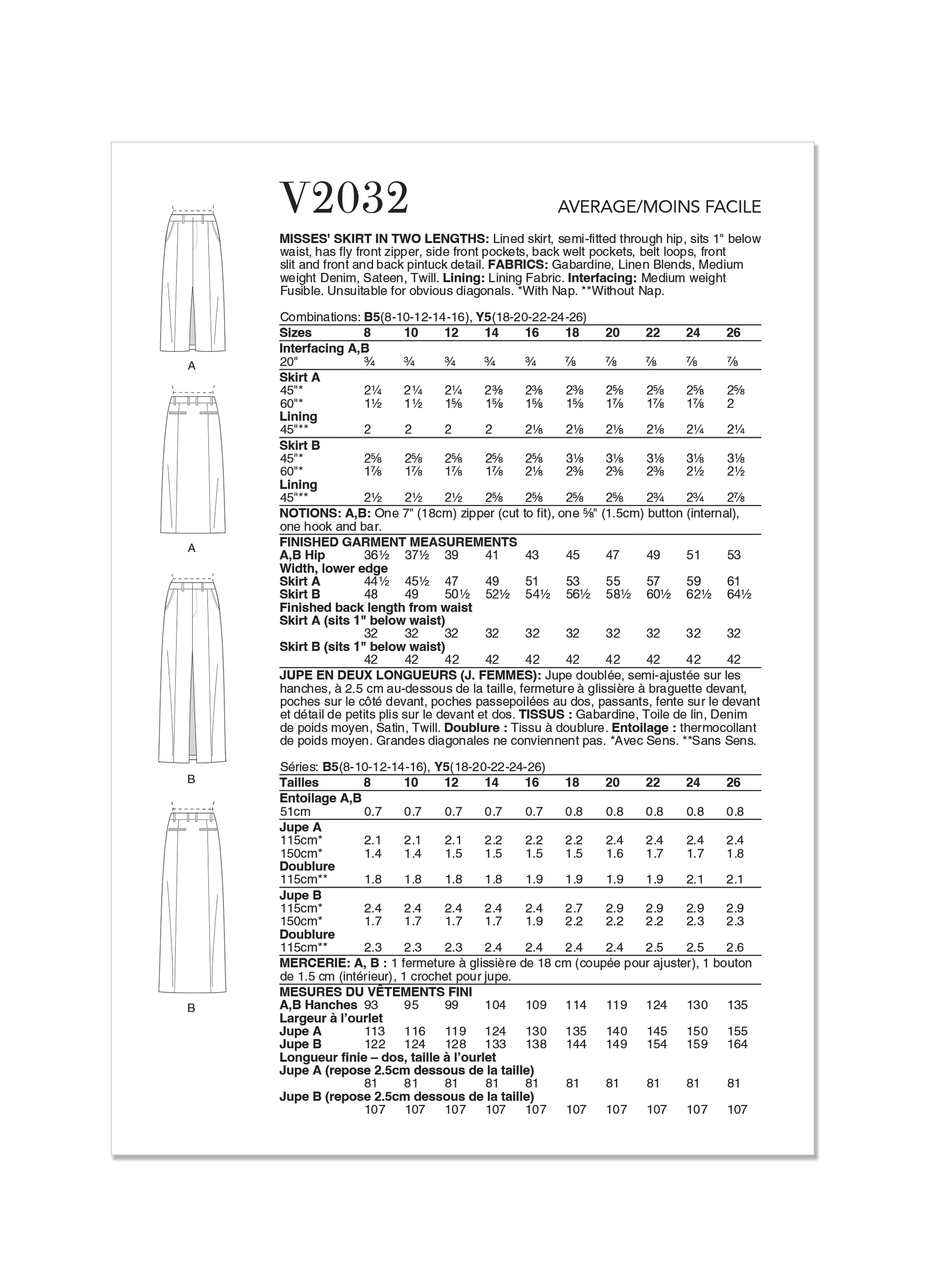 Vogue Pattern V2032 Misses' Skirt Pants